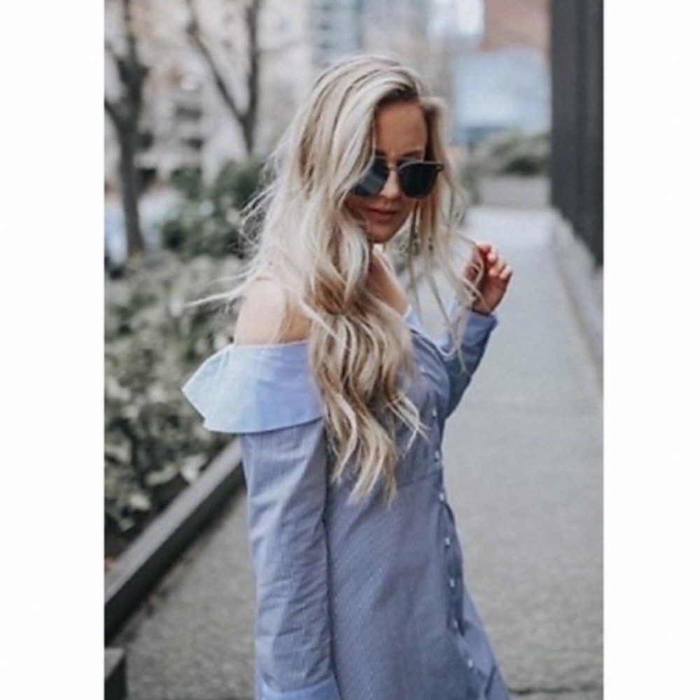 Topshop Blue and White Stripe Bardot Button Up Shirt Dress